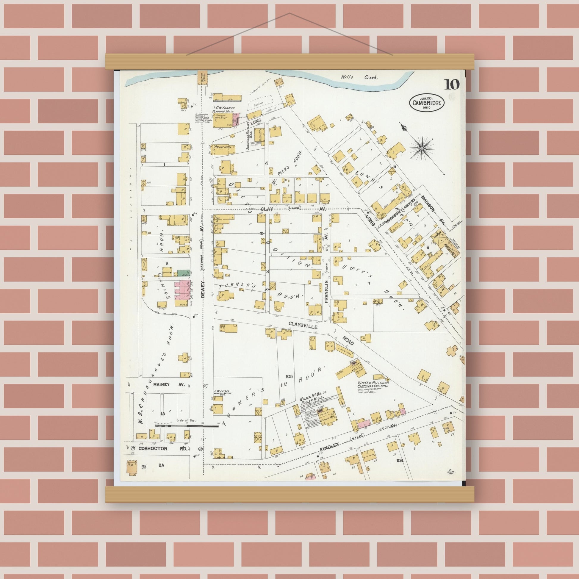 Old map wall art mockup — magnetic wood frame on brick wall — Sanborn Fire Insurance Map from Cambridge, Guernsey County, Ohio (1901), Sheet #0010