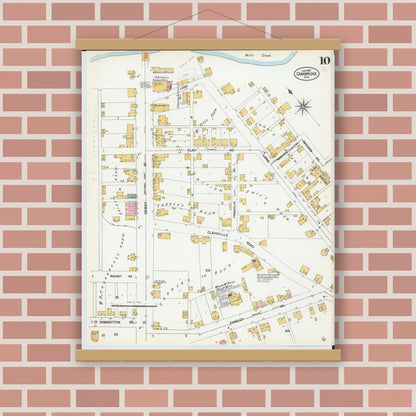 Old map wall art mockup — magnetic wood frame on brick wall — Sanborn Fire Insurance Map from Cambridge, Guernsey County, Ohio (1901), Sheet #0010