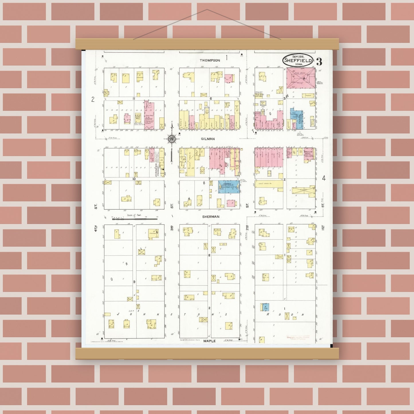 Old map wall art mockup — magnetic wood frame on brick wall — Sanborn Fire Insurance Map from Sheffield, Franklin County, Iowa (1916), Sheet #0003