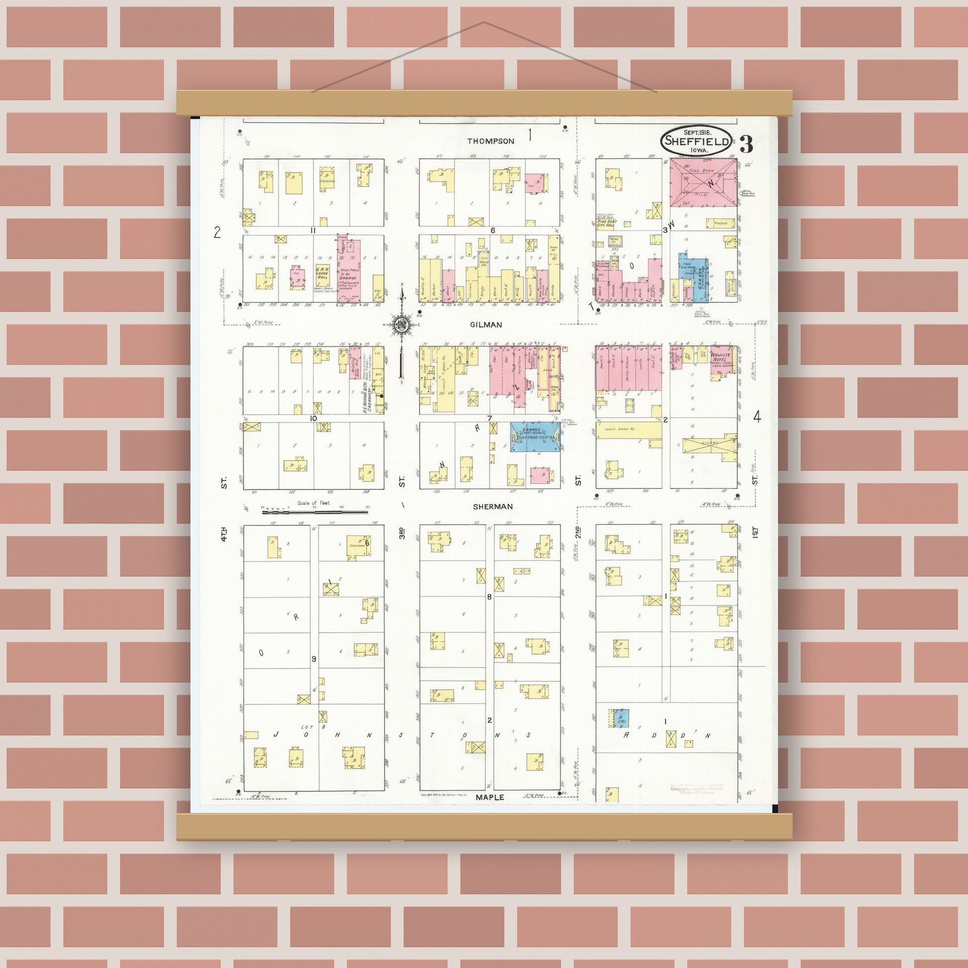 Old map wall art mockup — magnetic wood frame on brick wall — Sanborn Fire Insurance Map from Sheffield, Franklin County, Iowa (1916), Sheet #0003