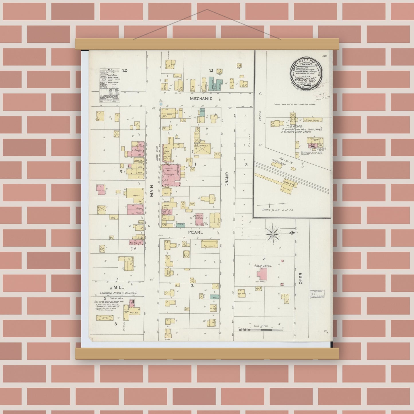 Old map wall art mockup — magnetic wood frame on brick wall — Sanborn Fire Insurance Map from Springport, Jackson County, Michigan (1892), Sheet #0001