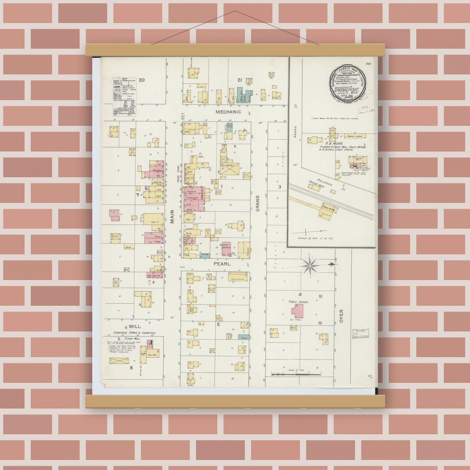 Old map wall art mockup — magnetic wood frame on brick wall — Sanborn Fire Insurance Map from Springport, Jackson County, Michigan (1892), Sheet #0001