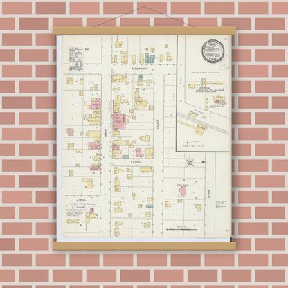 Old map wall art mockup — magnetic wood frame on brick wall — Sanborn Fire Insurance Map from Springport, Jackson County, Michigan (1892), Sheet #0001