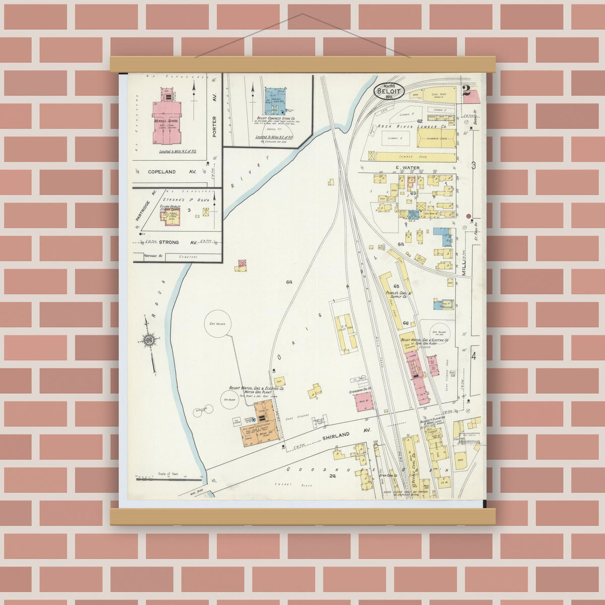 Old map wall art mockup — magnetic wood frame on brick wall — Sanborn Fire Insurance Map from Beloit, Rock County, Wisconsin (1915), Sheet #0002