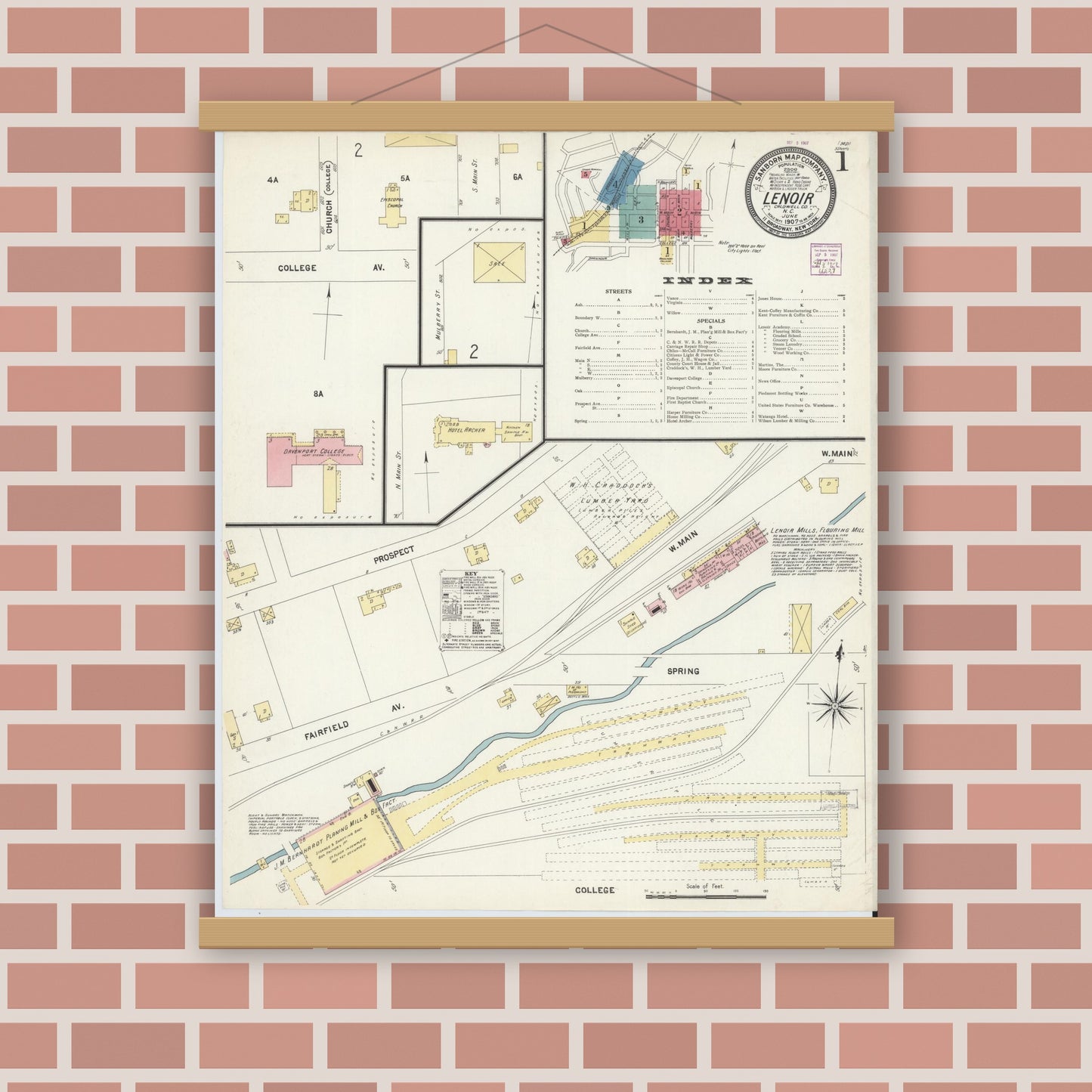 Old map wall art mockup — magnetic wood frame on brick wall — Sanborn Fire Insurance Map from Lenoir, Caldwell County, North Carolina (1907), Sheet #0001