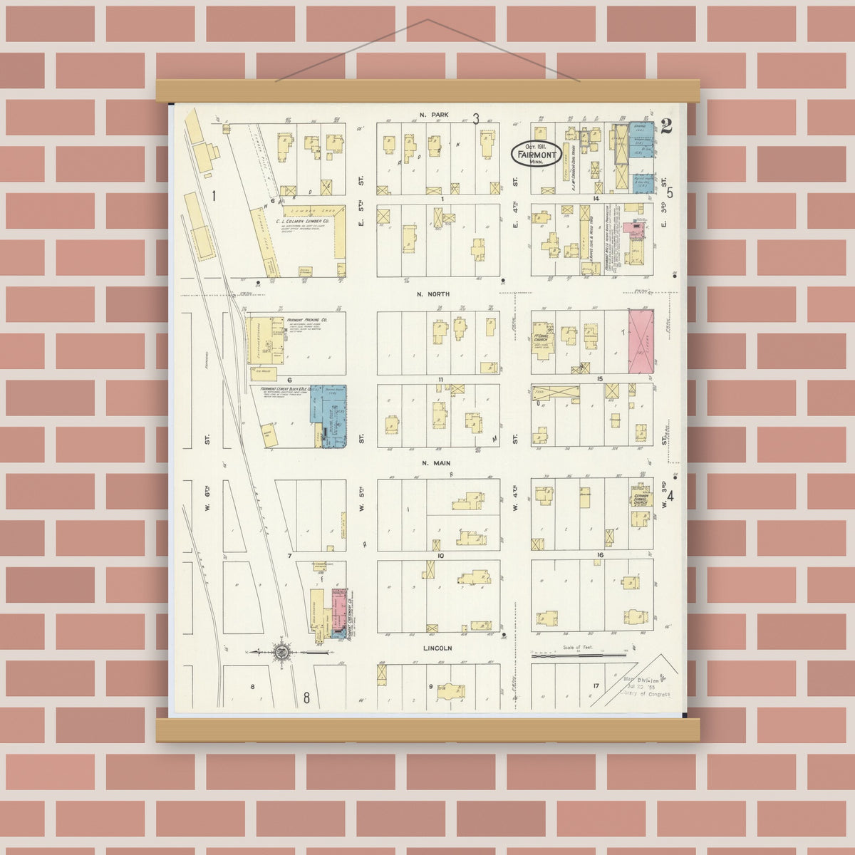 Old map wall art mockup — magnetic wood frame on brick wall — Sanborn Fire Insurance Map from Fairmont, Martin County, Minnesota (1911), Sheet #0002