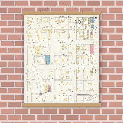 Old map wall art mockup — magnetic wood frame on brick wall — Sanborn Fire Insurance Map from Fairmont, Martin County, Minnesota (1911), Sheet #0002