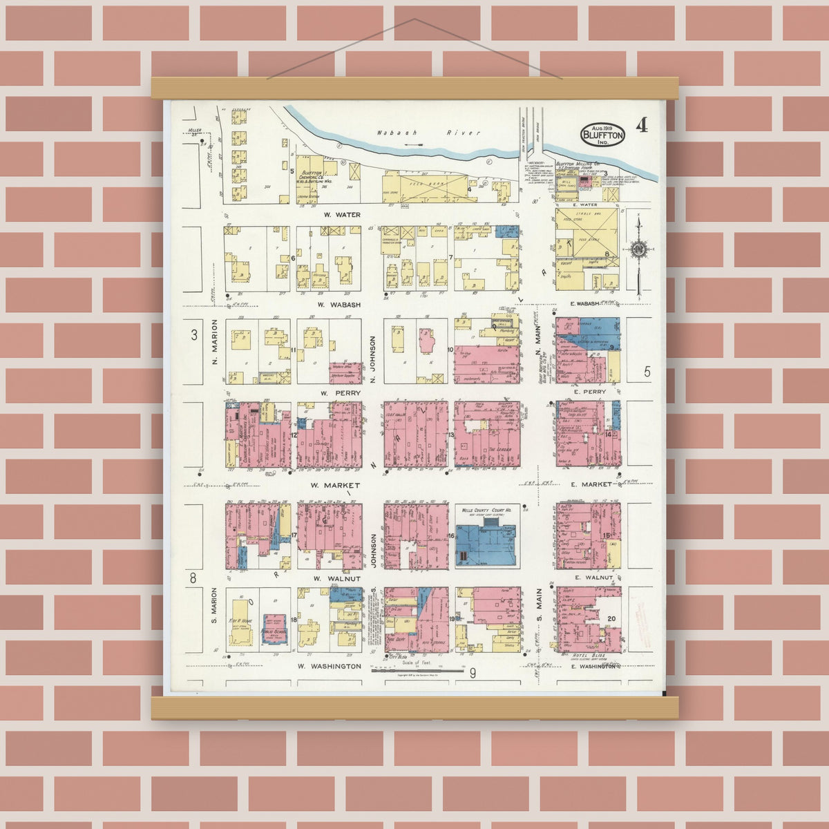 Old map wall art mockup — magnetic wood frame on brick wall — Sanborn Fire Insurance Map from Bluffton, Wells County, Indiana (1919), Sheet #0004