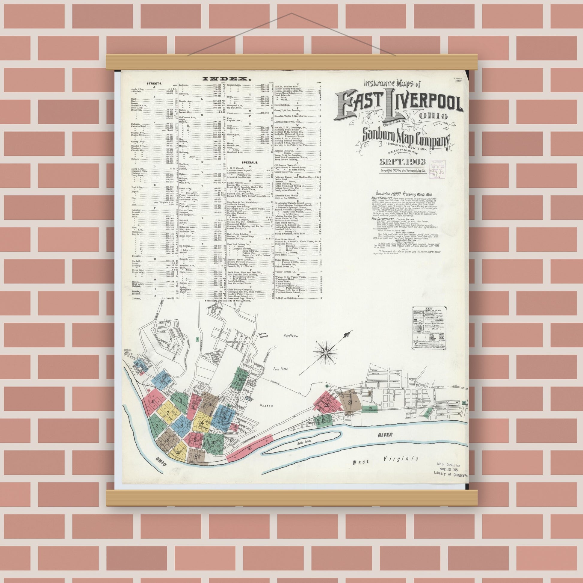Old map wall art mockup — magnetic wood frame on brick wall — Sanborn Fire Insurance Map from East Liverpool, Columbiana County, Ohio (1903) - Complete Map Set