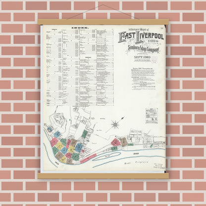 Old map wall art mockup — magnetic wood frame on brick wall — Sanborn Fire Insurance Map from East Liverpool, Columbiana County, Ohio (1903) - Complete Map Set