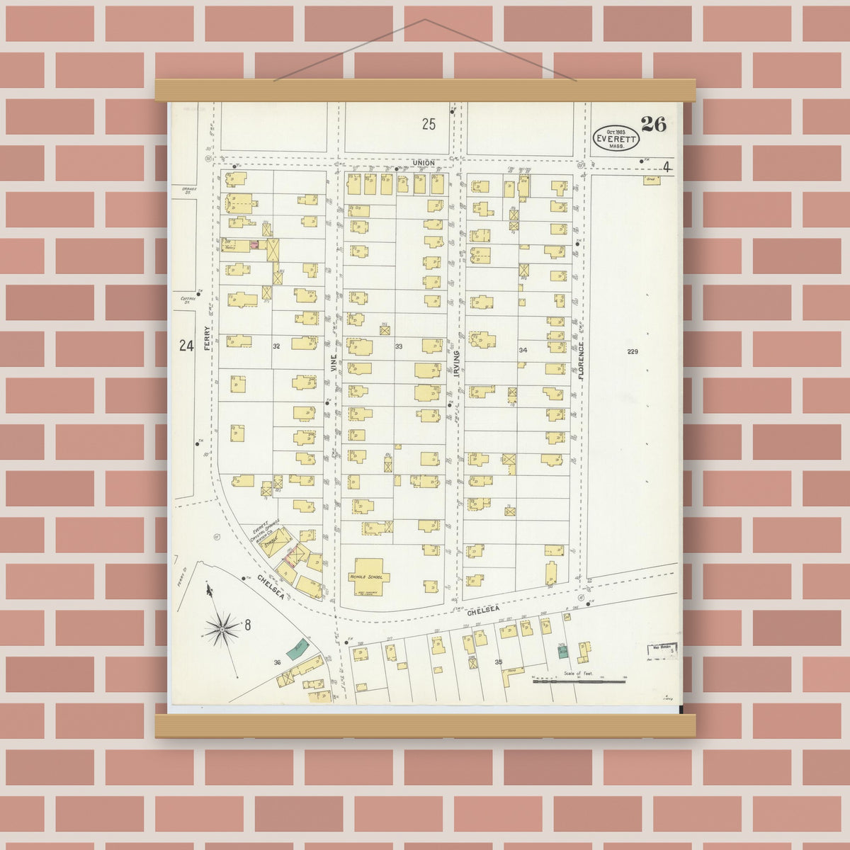 Old map wall art mockup — magnetic wood frame on brick wall — Sanborn Fire Insurance Map from Everett, Middlesex County, Massachusetts (1903), Sheet #0026
