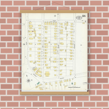 Old map wall art mockup — magnetic wood frame on brick wall — Sanborn Fire Insurance Map from Everett, Middlesex County, Massachusetts (1903), Sheet #0026