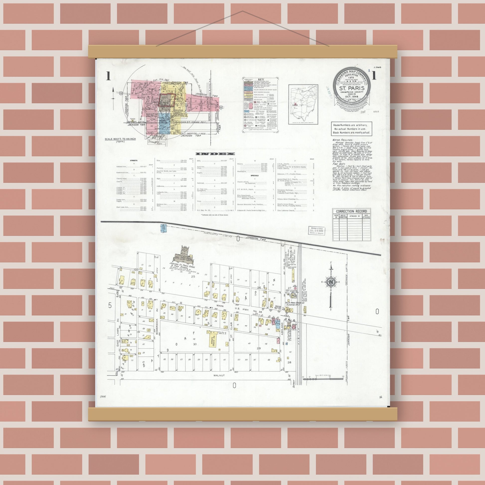 Old map wall art mockup — magnetic wood frame on brick wall — Sanborn Fire Insurance Map from Saint Paris, Champaign County, Ohio (1948), Sheet #0001