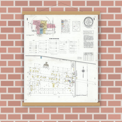 Old map wall art mockup — magnetic wood frame on brick wall — Sanborn Fire Insurance Map from Saint Paris, Champaign County, Ohio (1948), Sheet #0001