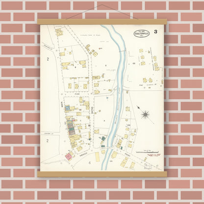 Old map wall art mockup — magnetic wood frame on brick wall — Sanborn Fire Insurance Map from Coulterville, Mariposa County, California (1896), Sheet #0003