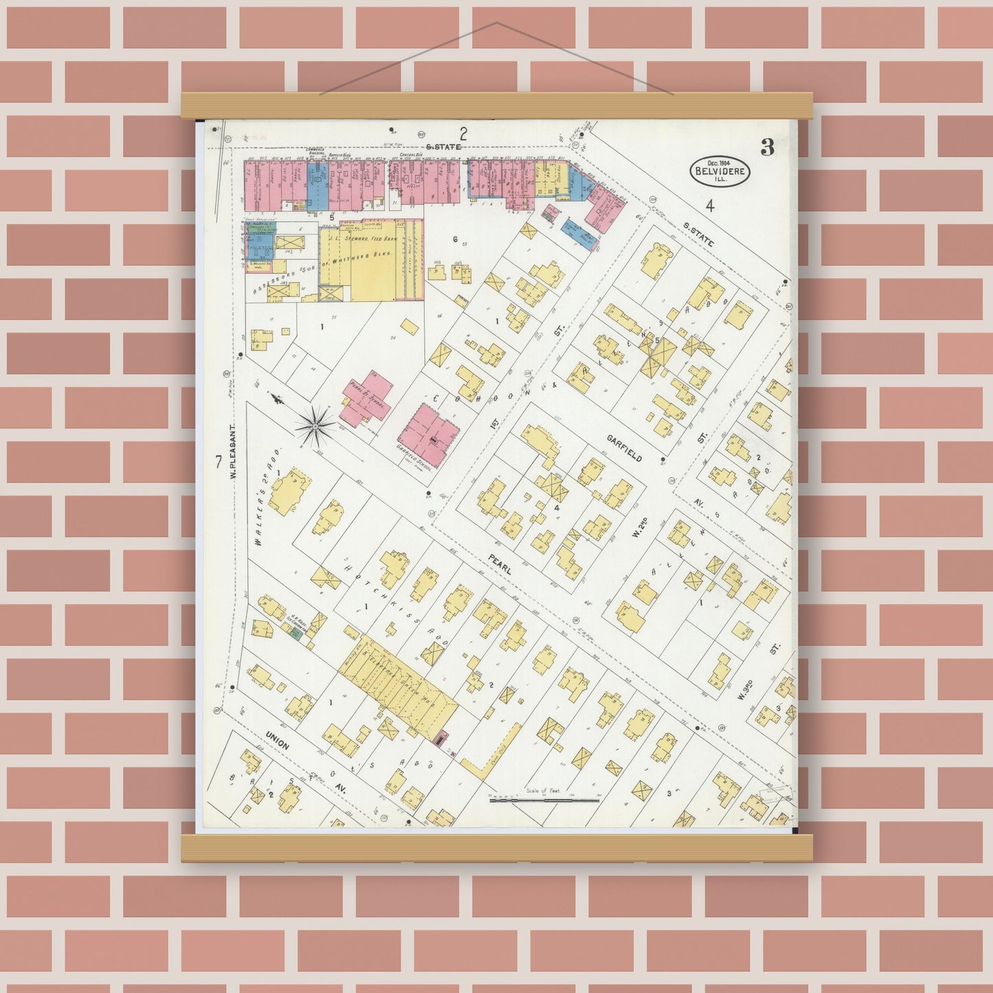 Old map wall art mockup — magnetic wood frame on brick wall — Sanborn Fire Insurance Map from Belvidere, Boone County, Illinois (1904), Sheet #0003