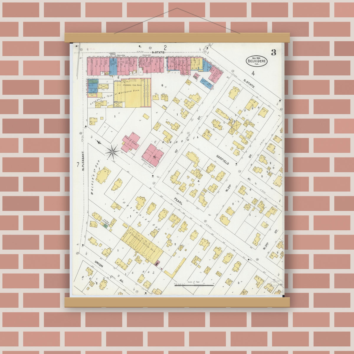 Old map wall art mockup — magnetic wood frame on brick wall — Sanborn Fire Insurance Map from Belvidere, Boone County, Illinois (1904), Sheet #0003