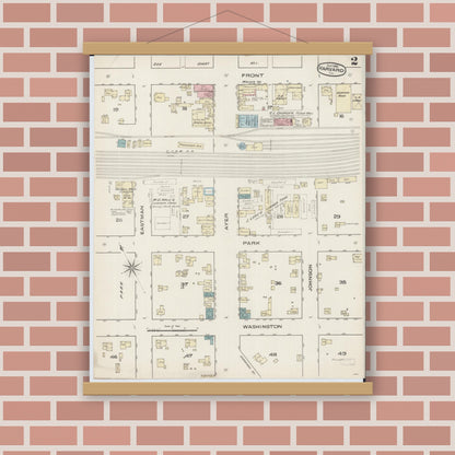 Old map wall art mockup — magnetic wood frame on brick wall — Sanborn Fire Insurance Map from Harvard, McHenry County, Illinois (1885), Sheet #0002