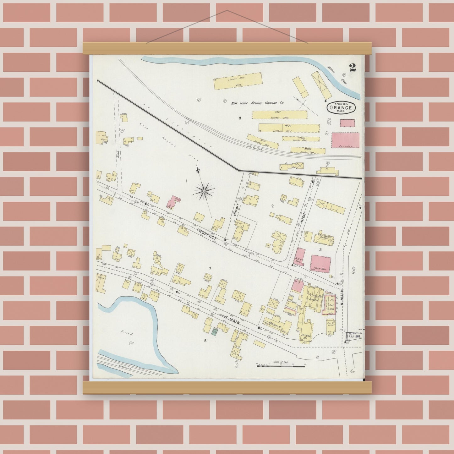 Old map wall art mockup — magnetic wood frame on brick wall — Sanborn Fire Insurance Map from Orange, Franklin County, Massachusetts (1895), Sheet #0002