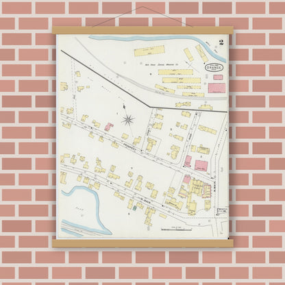Old map wall art mockup — magnetic wood frame on brick wall — Sanborn Fire Insurance Map from Orange, Franklin County, Massachusetts (1895), Sheet #0002