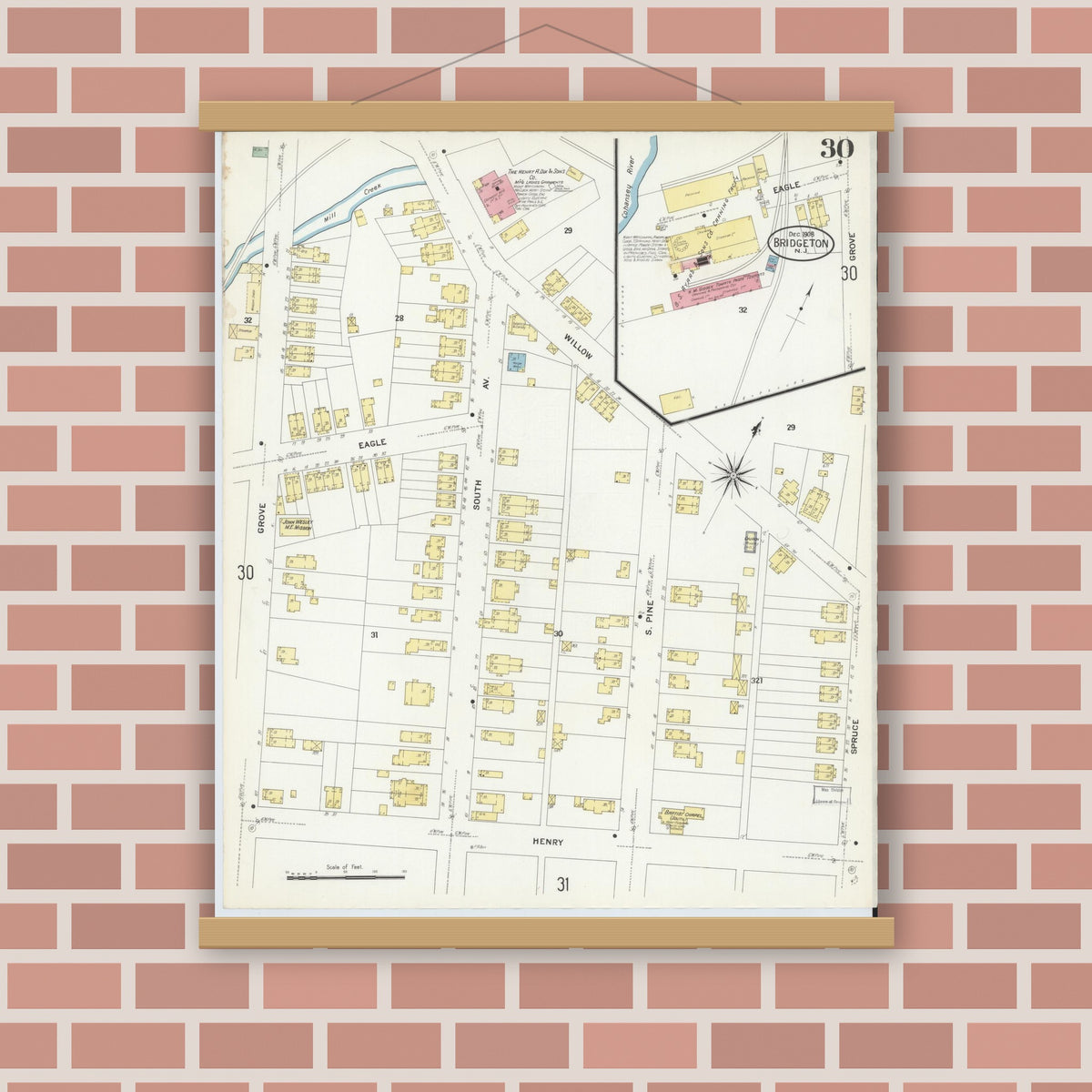 Old map wall art mockup — magnetic wood frame on brick wall — Sanborn Fire Insurance Map from Bridgeton, Cumberland County, New Jersey (1908), Sheet #0030