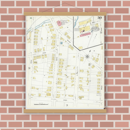 Old map wall art mockup — magnetic wood frame on brick wall — Sanborn Fire Insurance Map from Bridgeton, Cumberland County, New Jersey (1908), Sheet #0030