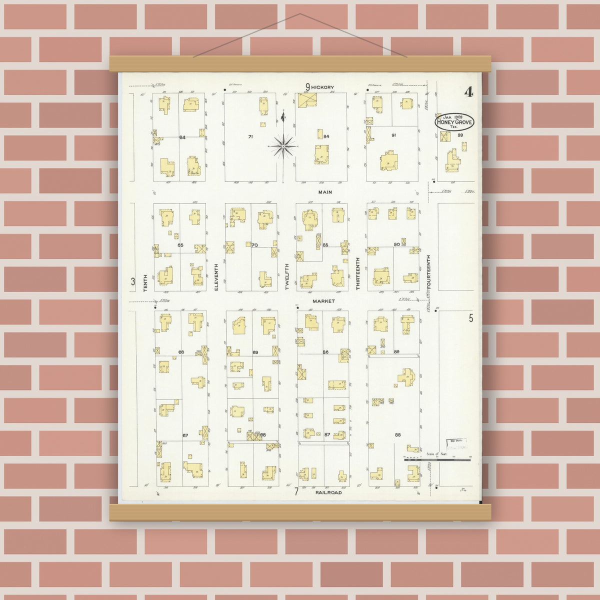 Old map wall art mockup — magnetic wood frame on brick wall — Sanborn Fire Insurance Map from Honey Grove, Fannin County, Texas (1909), Sheet #0004
