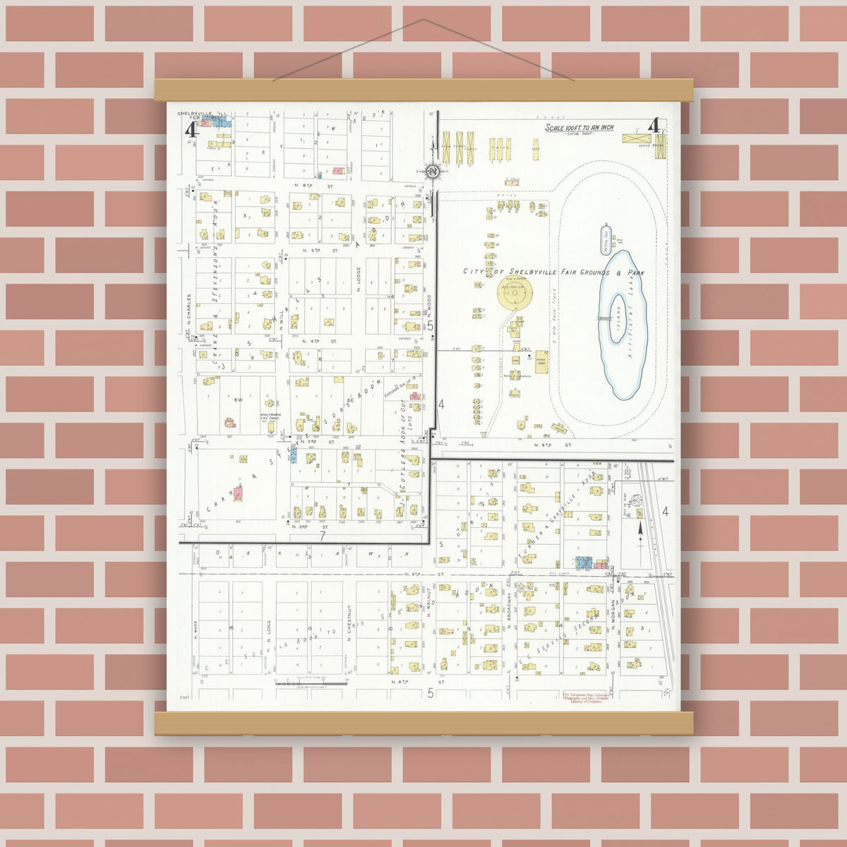 Old map wall art mockup — magnetic wood frame on brick wall — Sanborn Fire Insurance Map from Shelbyville, Shelby County, Illinois (1933), Sheet #0004