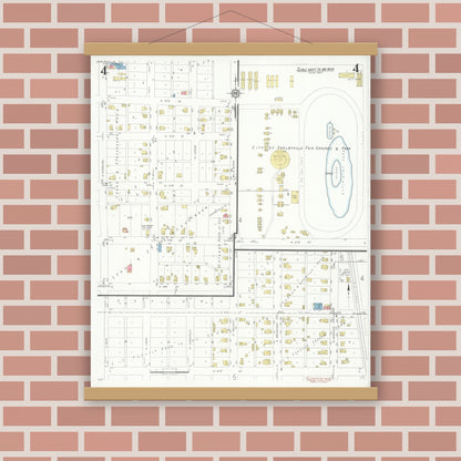 Old map wall art mockup — magnetic wood frame on brick wall — Sanborn Fire Insurance Map from Shelbyville, Shelby County, Illinois (1933), Sheet #0004