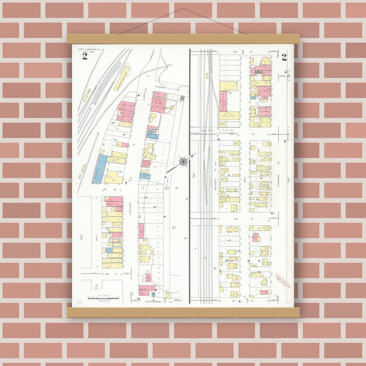 Old map wall art mockup — magnetic wood frame on brick wall — Sanborn Fire Insurance Map from East Dubuque, Jo Daviess County, Illinois (1940), Sheet #0002