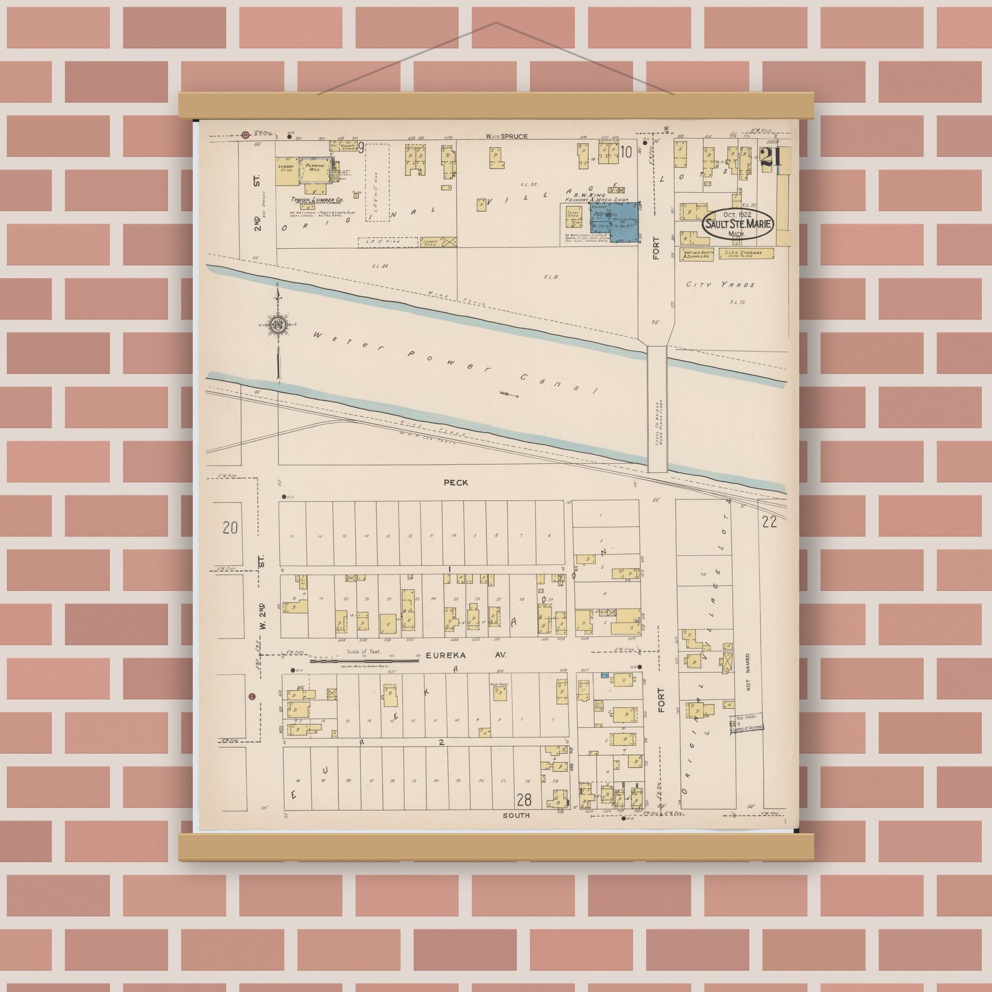 Old map wall art mockup — magnetic wood frame on brick wall — Sanborn Fire Insurance Map from Sault Sainte Marie, Chippewa County, Michigan (1922), Sheet #0021