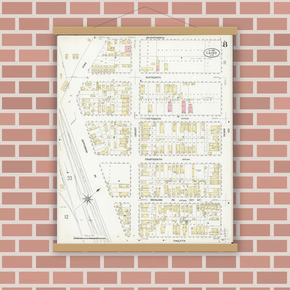 Old map wall art mockup — magnetic wood frame on brick wall — Sanborn Fire Insurance Map from Cairo, Alexander County, Illinois (1907), Sheet #0008