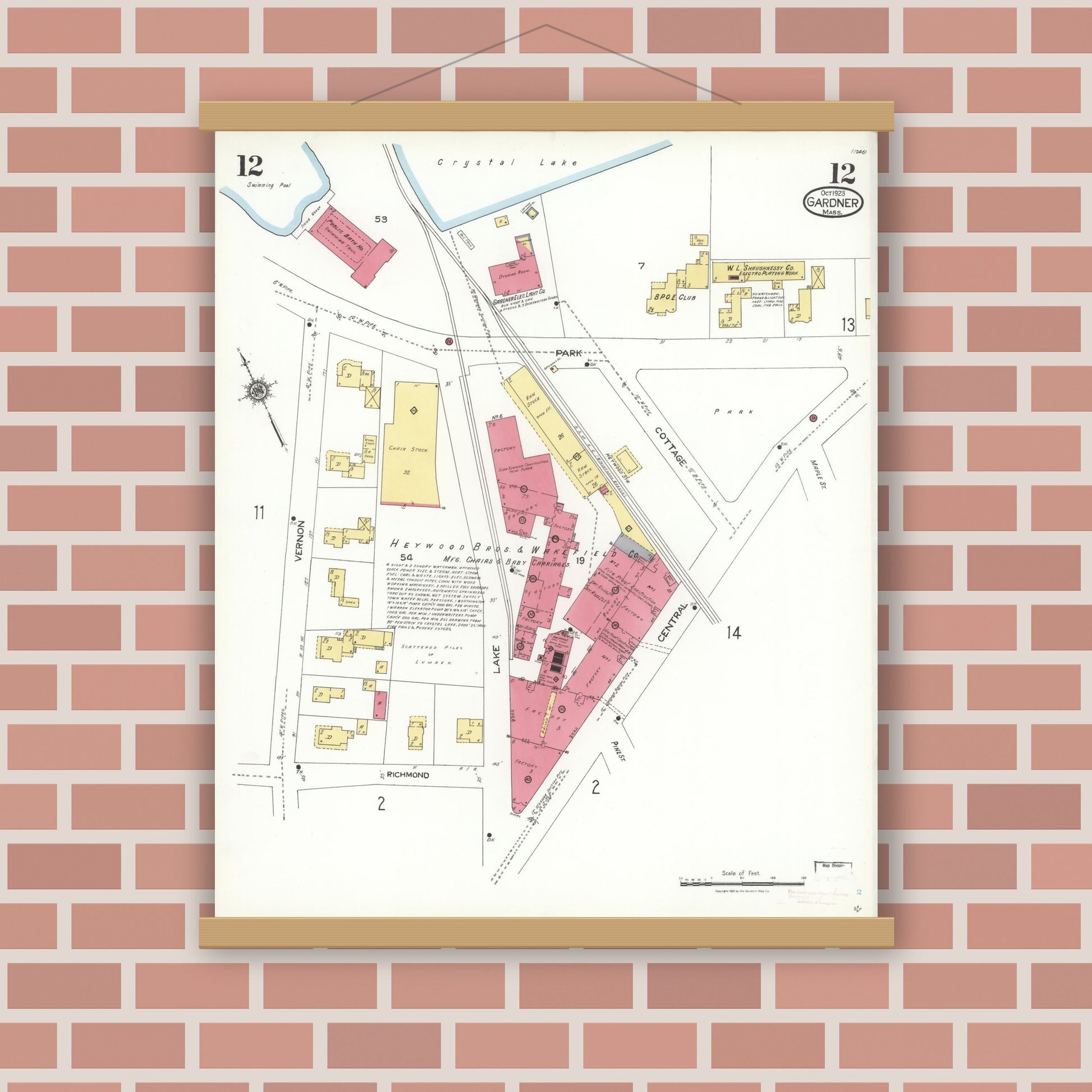 Old map wall art mockup — magnetic wood frame on brick wall — Sanborn Fire Insurance Map from Gardner, Worcester County, Massachusetts (1923), Sheet #0012