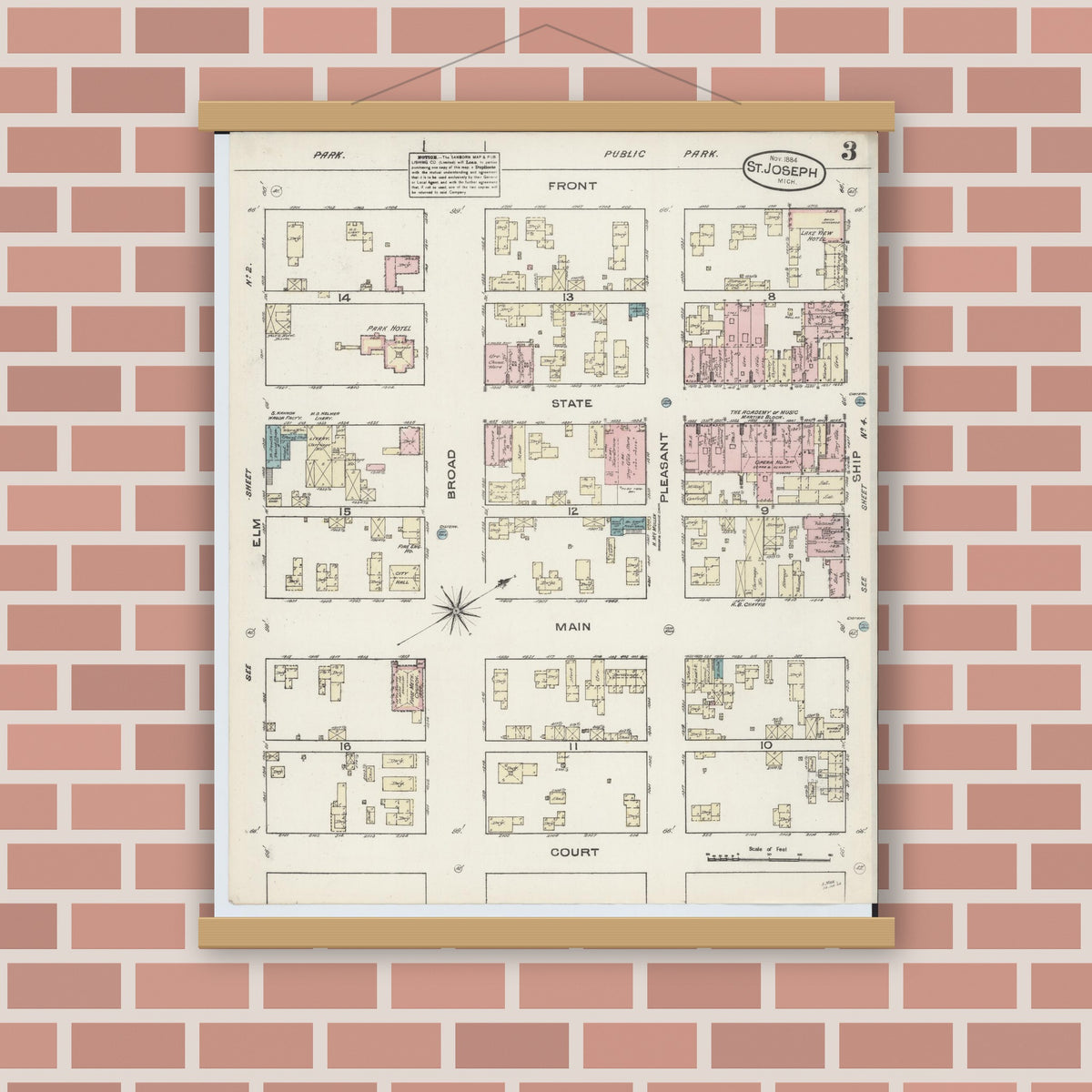 Old map wall art mockup — magnetic wood frame on brick wall — Sanborn Fire Insurance Map from Saint Joseph, Berrien County, Michigan (1884), Sheet #0003
