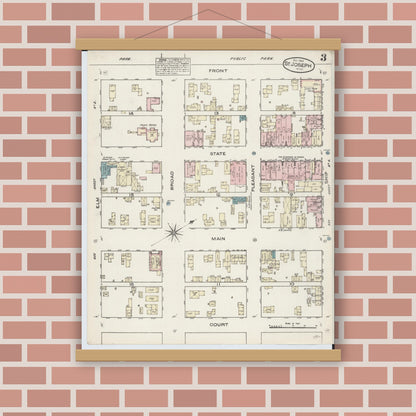 Old map wall art mockup — magnetic wood frame on brick wall — Sanborn Fire Insurance Map from Saint Joseph, Berrien County, Michigan (1884), Sheet #0003