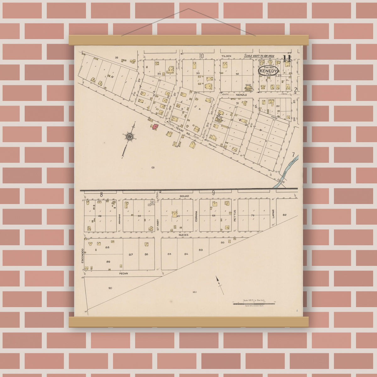 Old map wall art mockup — magnetic wood frame on brick wall — Sanborn Fire Insurance Map from Kenedy, Karnes County, Texas (1922), Sheet #0011