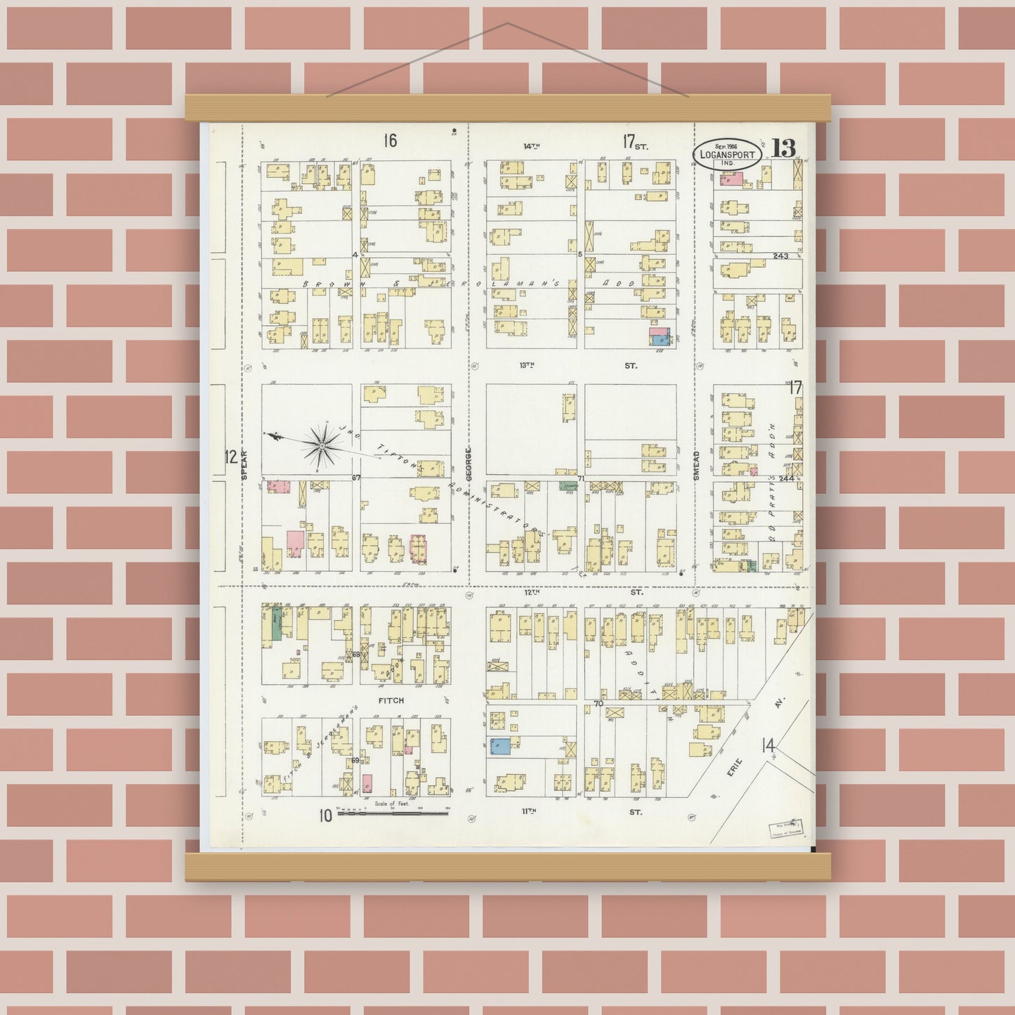 Old map wall art mockup — magnetic wood frame on brick wall — Sanborn Fire Insurance Map from Logansport, Cass County, Indiana (1906), Sheet #0013