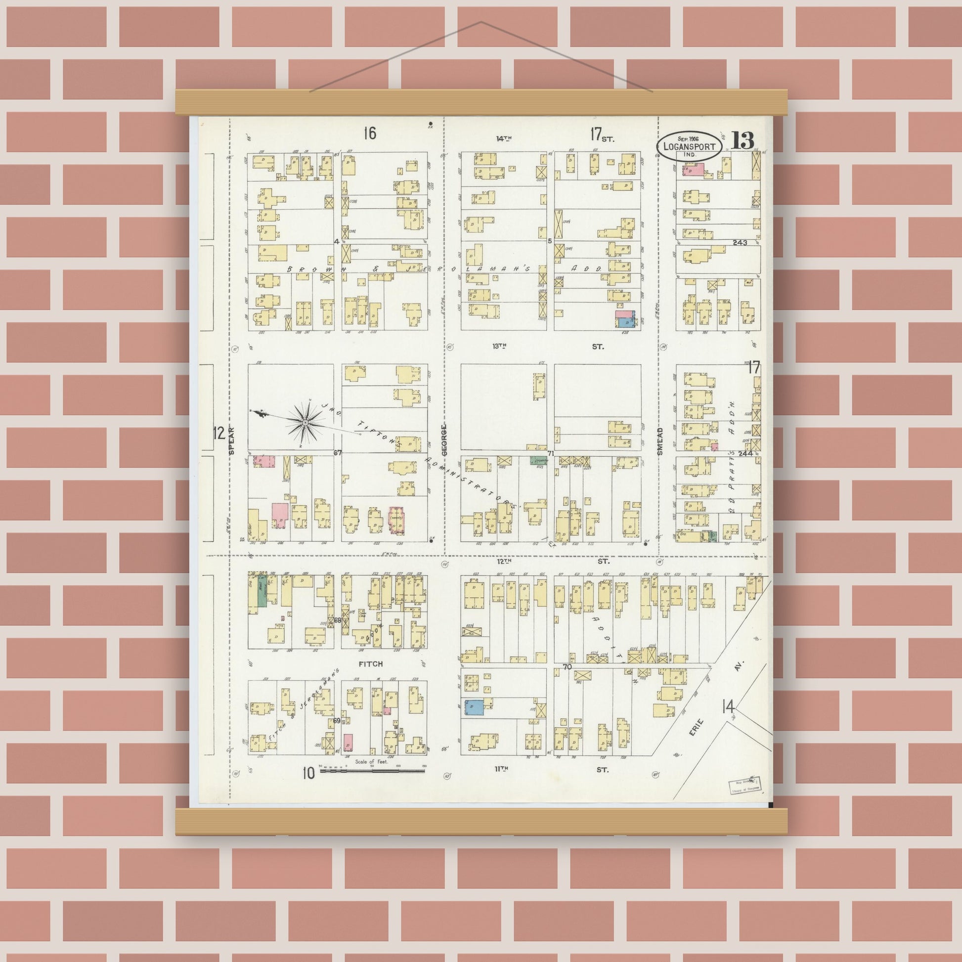 Old map wall art mockup — magnetic wood frame on brick wall — Sanborn Fire Insurance Map from Logansport, Cass County, Indiana (1906), Sheet #0013