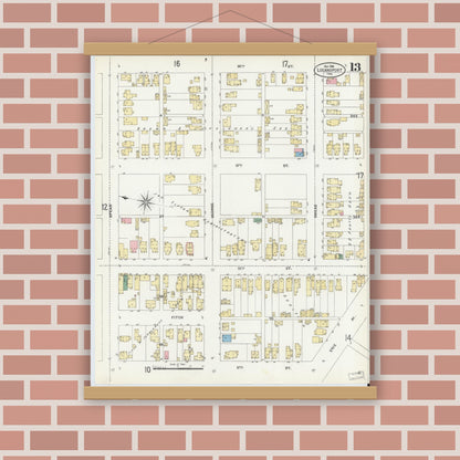 Old map wall art mockup — magnetic wood frame on brick wall — Sanborn Fire Insurance Map from Logansport, Cass County, Indiana (1906), Sheet #0013