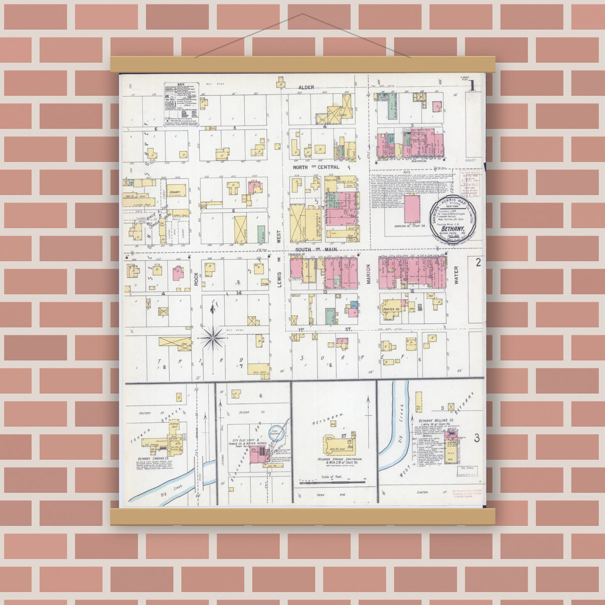 Old map wall art mockup — magnetic wood frame on brick wall — Sanborn Fire Insurance Map from Bethany, Harrison County, Missouri (1900) - Complete Map Set