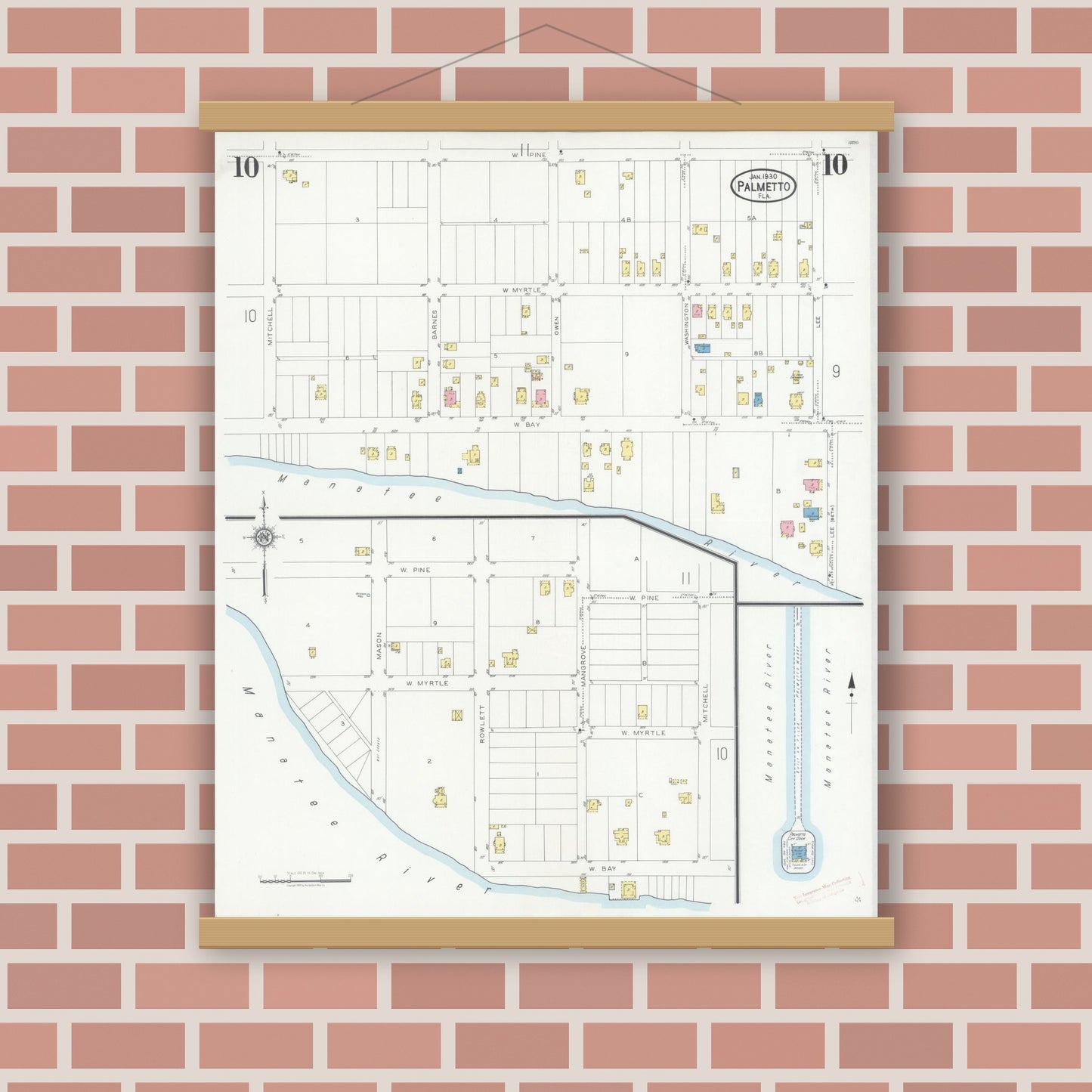 Old map wall art mockup — magnetic wood frame on brick wall — Sanborn Fire Insurance Map from Palmetto, Manatee County, Florida (1930), Sheet #0010