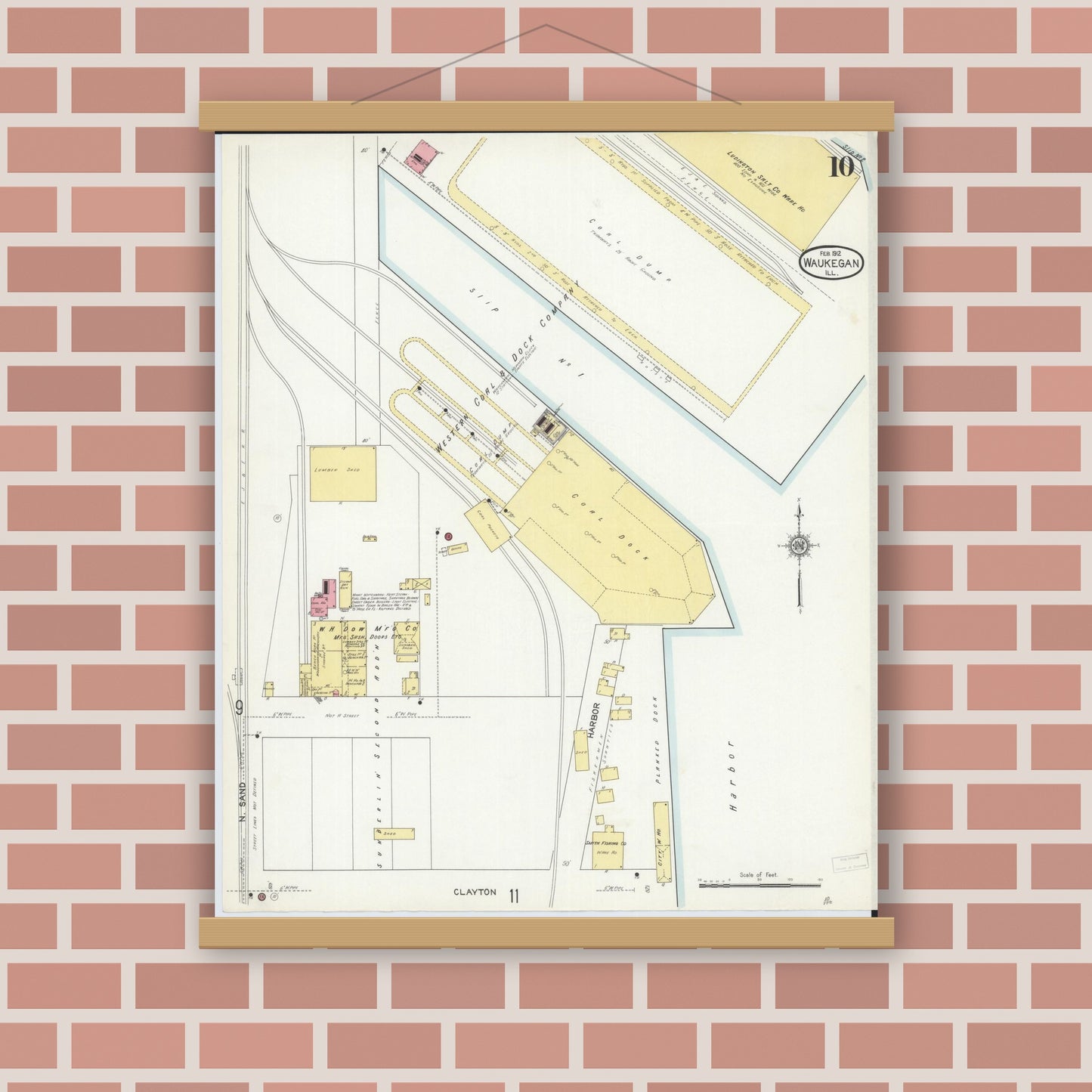 Old map wall art mockup — magnetic wood frame on brick wall — Sanborn Fire Insurance Map from Waukegan, Lake County, Illinois (1912), Sheet #0010