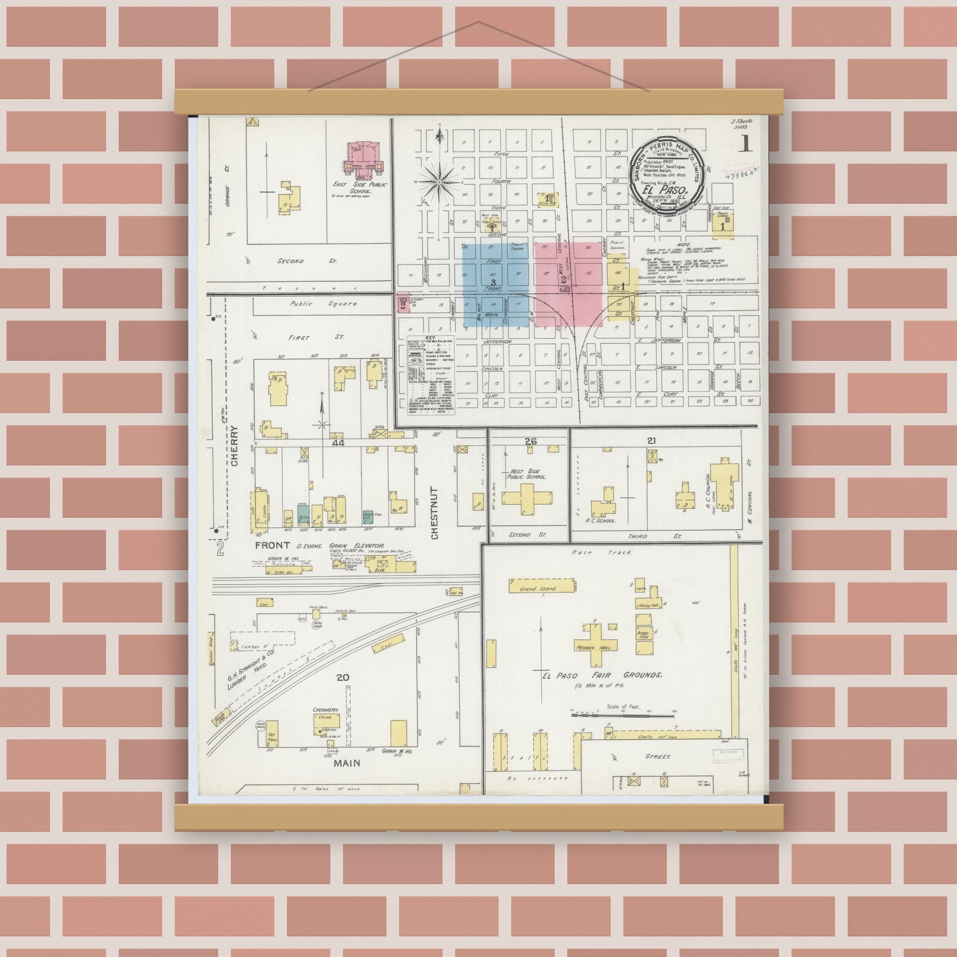 Old map wall art mockup — magnetic wood frame on brick wall — Sanborn Fire Insurance Map from El Paso, Woodford County, Illinois (1892) - Complete Map Set