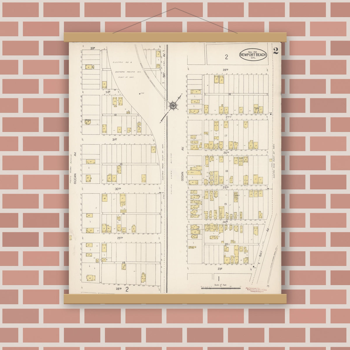 Old map wall art mockup — magnetic wood frame on brick wall — Sanborn Fire Insurance Map from Newport Beach, Orange County, California (1912), Sheet #0002
