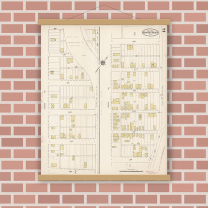 Old map wall art mockup — magnetic wood frame on brick wall — Sanborn Fire Insurance Map from Newport Beach, Orange County, California (1912), Sheet #0002