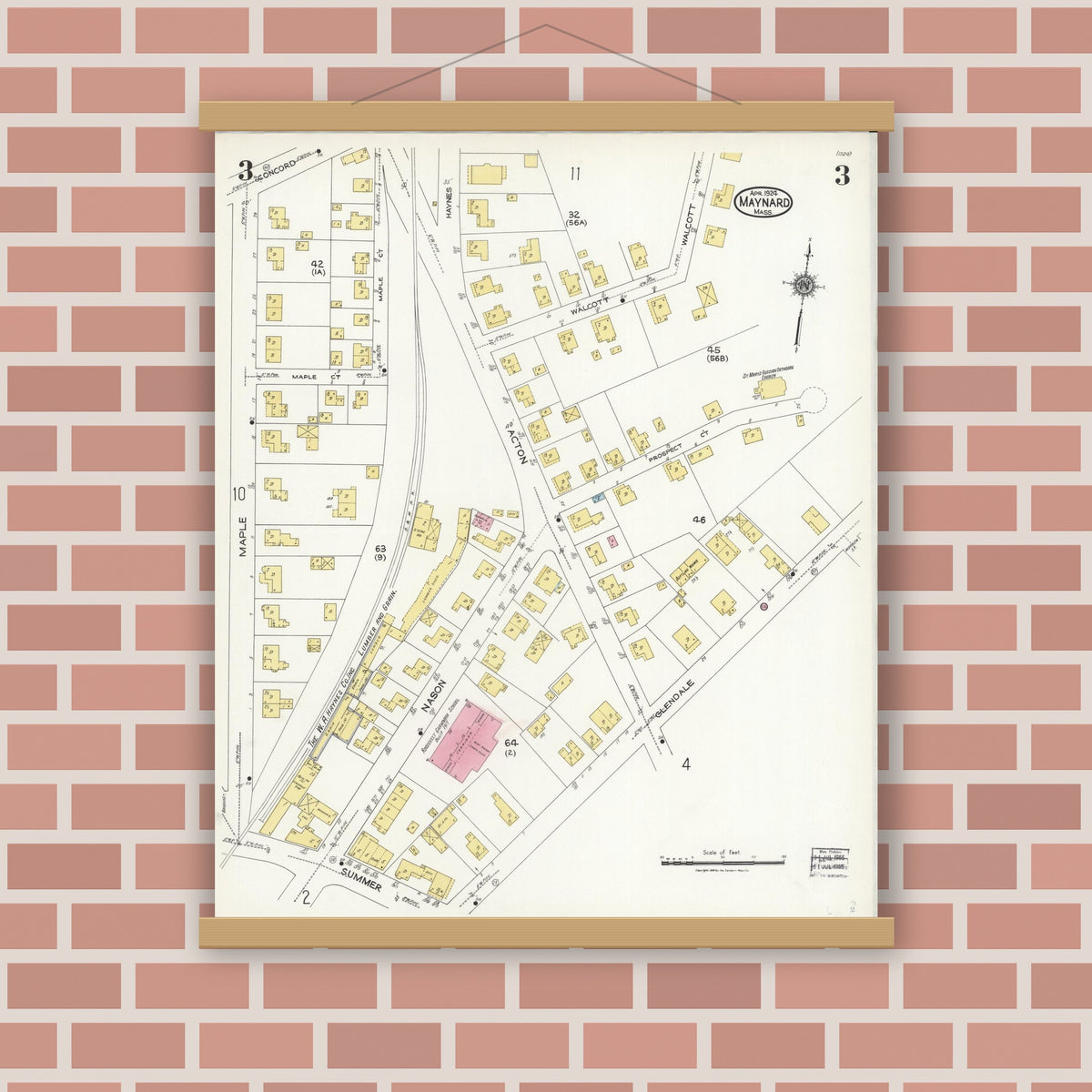 Old map wall art mockup — magnetic wood frame on brick wall — Sanborn Fire Insurance Map from Maynard, Middlesex County, Massachusetts (1924), Sheet #0003