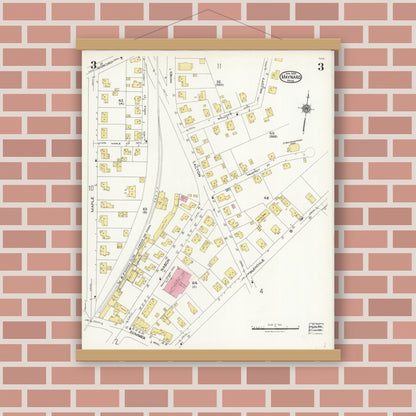 Old map wall art mockup — magnetic wood frame on brick wall — Sanborn Fire Insurance Map from Maynard, Middlesex County, Massachusetts (1924), Sheet #0003