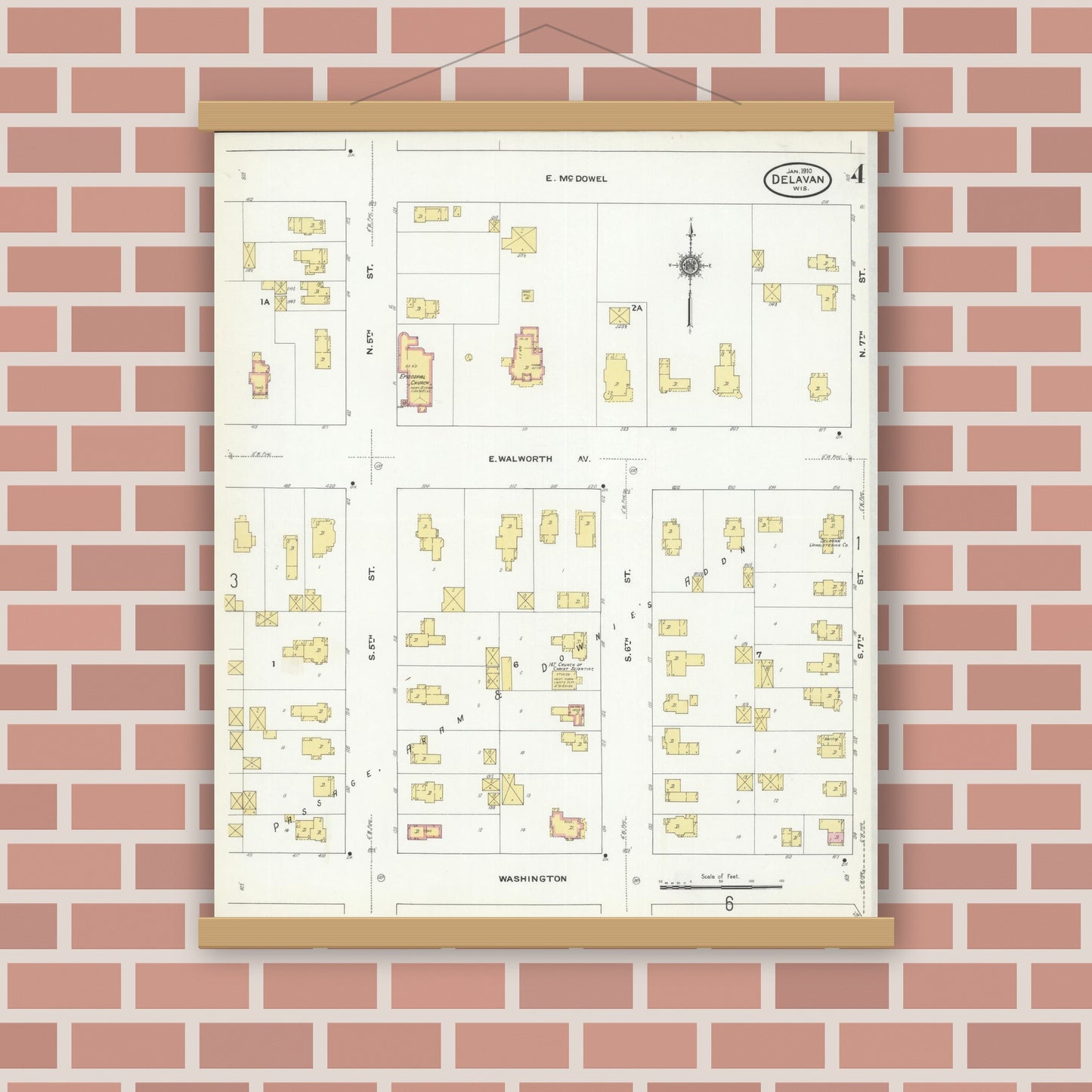 Old map wall art mockup — magnetic wood frame on brick wall — Sanborn Fire Insurance Map from Delavan, Walworth County, Wisconsin (1910), Sheet #0004