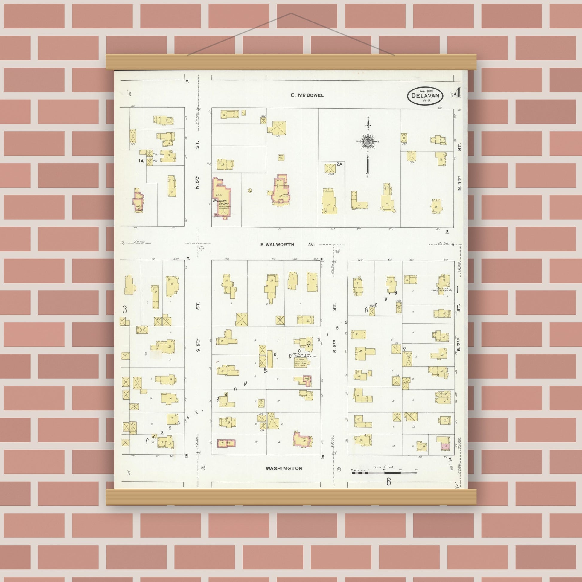 Old map wall art mockup — magnetic wood frame on brick wall — Sanborn Fire Insurance Map from Delavan, Walworth County, Wisconsin (1910), Sheet #0004