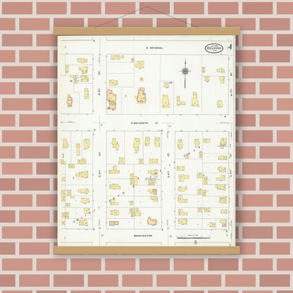Old map wall art mockup — magnetic wood frame on brick wall — Sanborn Fire Insurance Map from Delavan, Walworth County, Wisconsin (1910), Sheet #0004